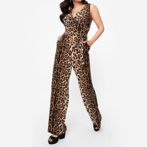 SIZE:1X MICHAEL KORS BROWN LEOPARD PRINT SLVLSS WIDE LEG JUMPSUIT - Picture 1 of 1